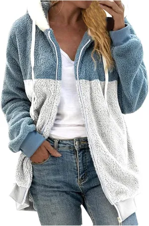 Womens Y2k Tops Zipper Long Sleeve Stitching Coats Color Block Fleece Plush Hooded Jacket Dressy Outerwear
