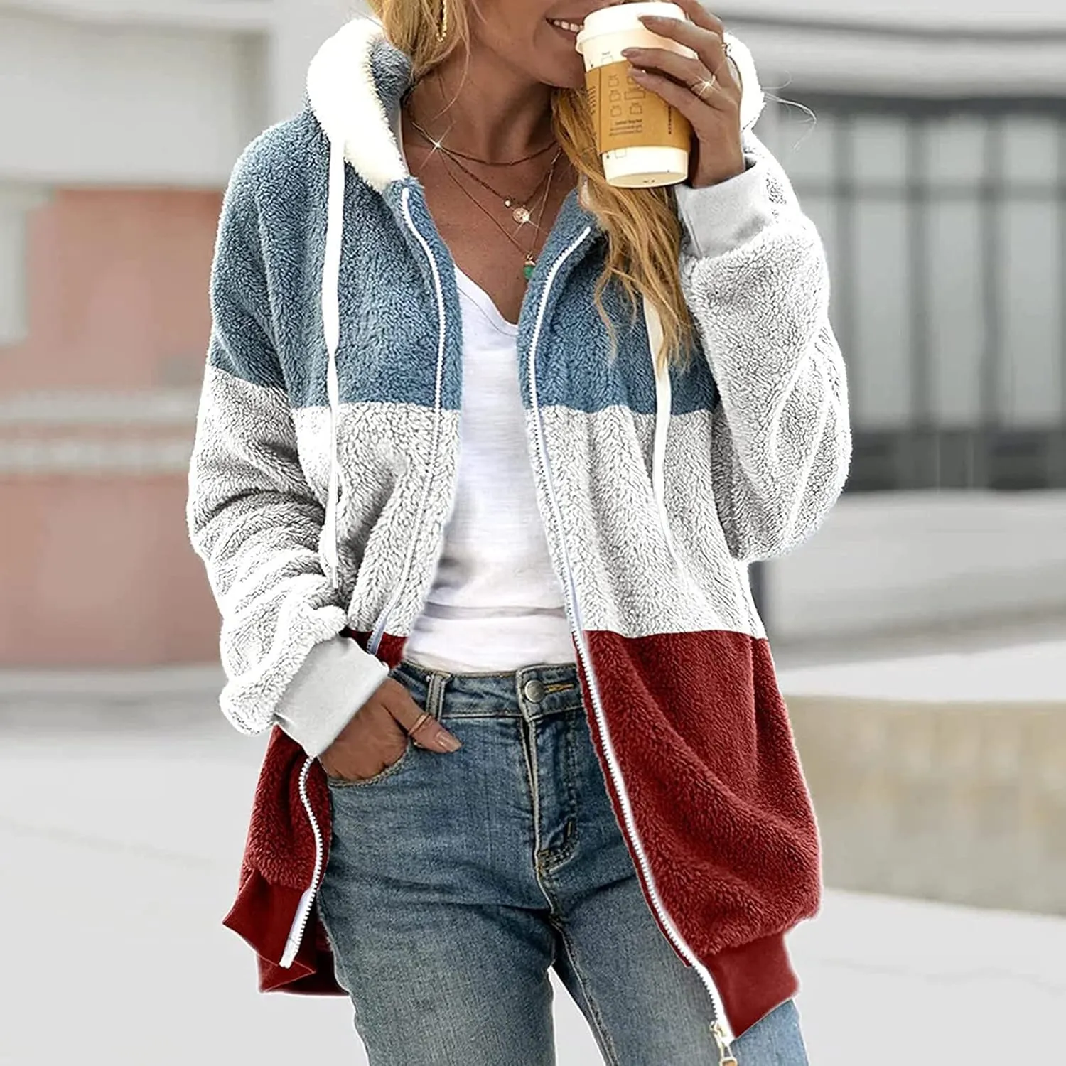Womens Y2k Tops Zipper Long Sleeve Stitching Coats Color Block Fleece Plush Hooded Jacket Dressy Outerwear