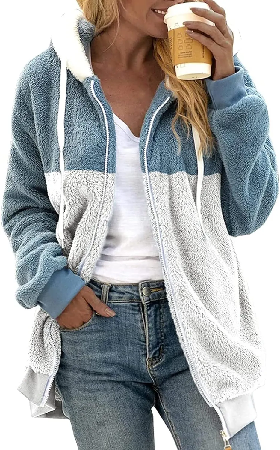 Womens Y2k Tops Zipper Long Sleeve Stitching Coats Color Block Fleece Plush Hooded Jacket Dressy Outerwear