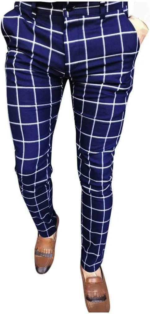 WUAI-Men Chino Pants Elastic Waist Slim Fit Stretch Flat-Front Skinny Plaid Pants