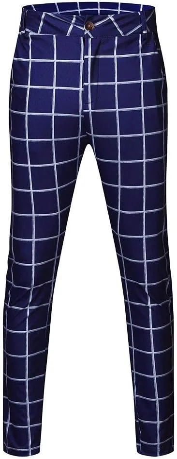 WUAI-Men Chino Pants Elastic Waist Slim Fit Stretch Flat-Front Skinny Plaid Pants