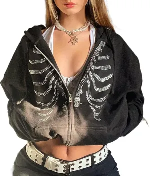 XBTCLXEBCO Oversized Zip Up Hoodie Sweatshirt for Women Gothic Skeleton Print Jacket 90s Pullover Hooded Sweatshirt Coat