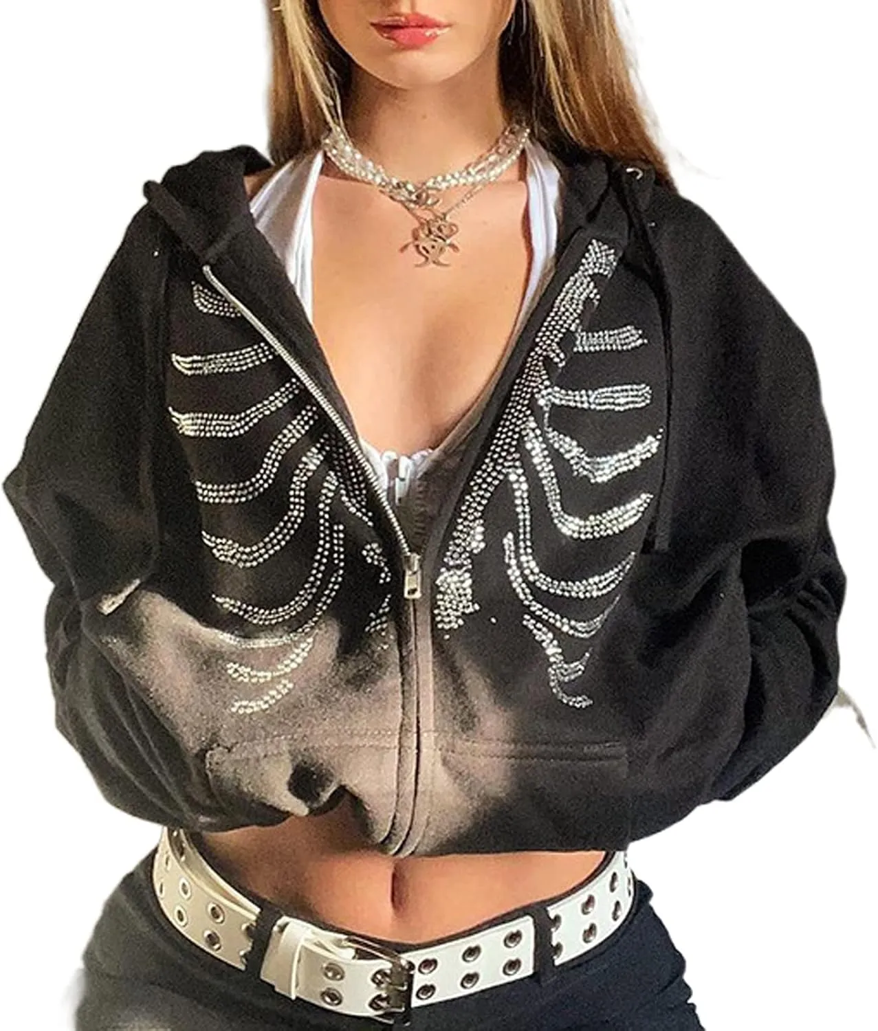 XBTCLXEBCO Oversized Zip Up Hoodie Sweatshirt for Women Gothic Skeleton Print Jacket 90s Pullover Hooded Sweatshirt Coat
