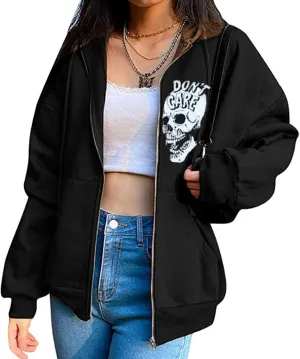 XBTCLXEBCO Oversized Zip Up Hoodie Sweatshirt for Women Gothic Skeleton Print Jacket 90s Pullover Hooded Sweatshirt Coat