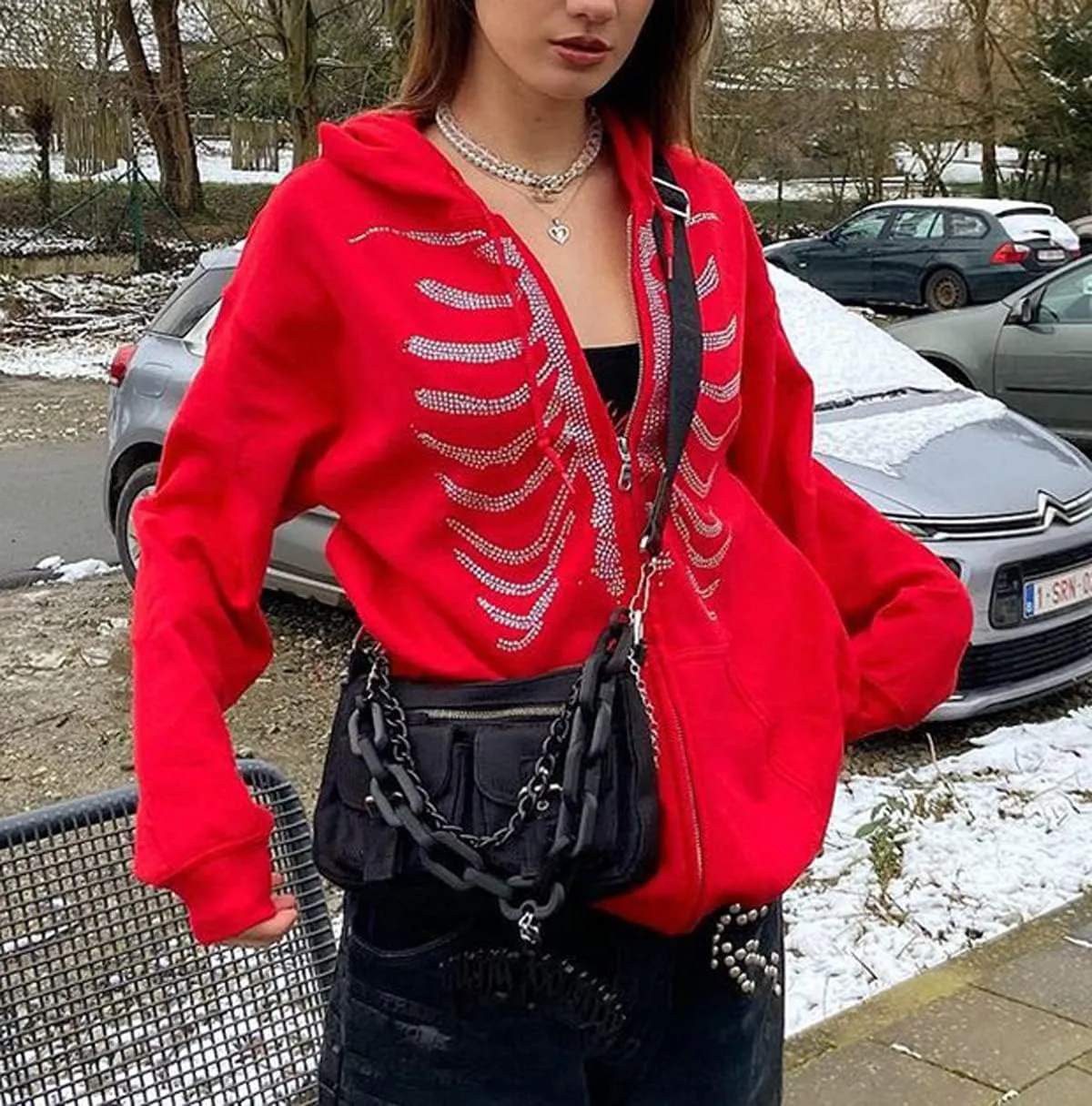 XBTCLXEBCO Oversized Zip Up Hoodie Sweatshirt for Women Gothic Skeleton Print Jacket 90s Pullover Hooded Sweatshirt Coat