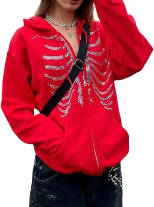 XBTCLXEBCO Oversized Zip Up Hoodie Sweatshirt for Women Gothic Skeleton Print Jacket 90s Pullover Hooded Sweatshirt Coat