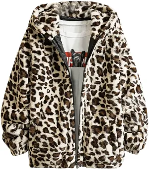XUNRYAN Hoodies for Men Big and Tall Winter Jackets with Hood Fuzzy Full Zip Up Fleece Leopard Faux-Fur Coats Outerwear