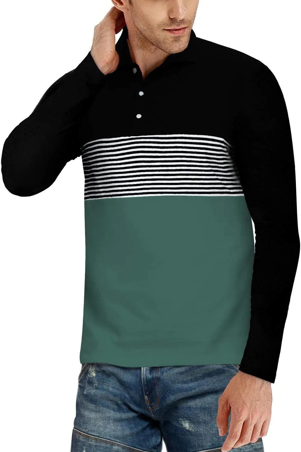 YTD Men's Short Sleeve Polo Shirts Casual Slim Fit Contrast Color Stitching Stripe Cotton Shirts