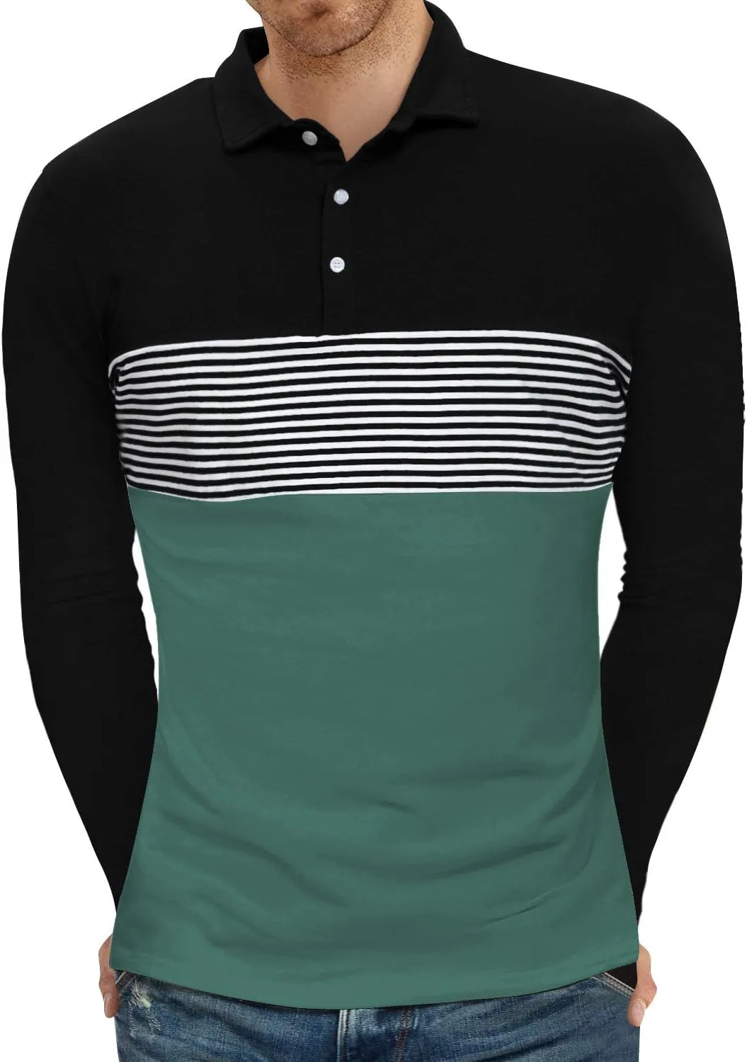 YTD Men's Short Sleeve Polo Shirts Casual Slim Fit Contrast Color Stitching Stripe Cotton Shirts