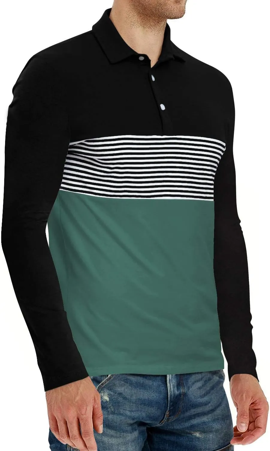 YTD Men's Short Sleeve Polo Shirts Casual Slim Fit Contrast Color Stitching Stripe Cotton Shirts