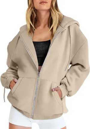 Zip Up Hoodie Women Oversized Sweatshirt Fleece Jackets Long Sleeve Shirts Fall Fashion Preppy Outfits for Women