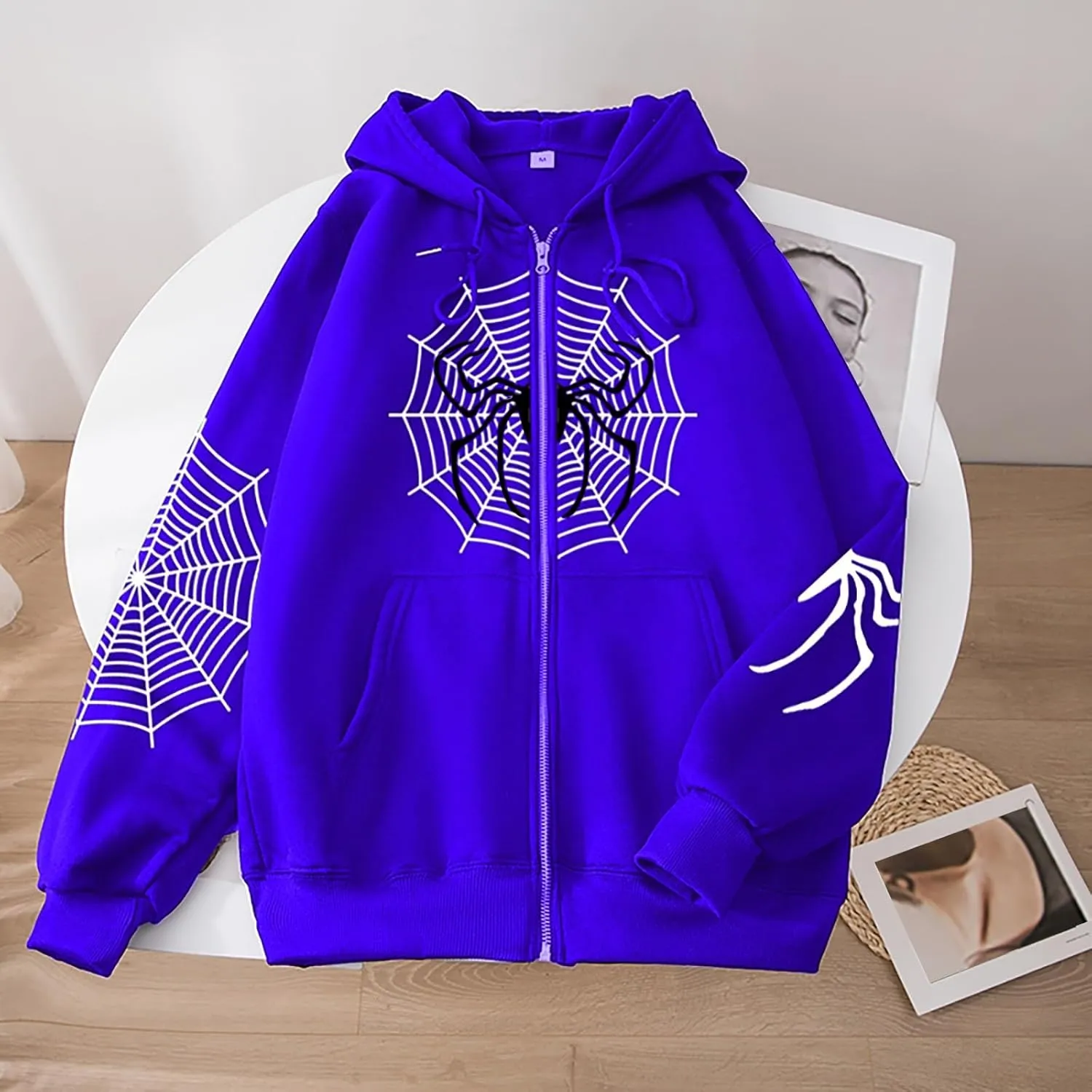 Zip Up Hoodie Women Spider Web Heart Print Graphic Sweatshirts Loose Casual Long Sleeve Hooded Jacket Top with Pocket