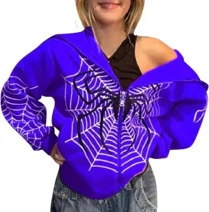 Zip Up Hoodie Women Spider Web Heart Print Graphic Sweatshirts Loose Casual Long Sleeve Hooded Jacket Top with Pocket