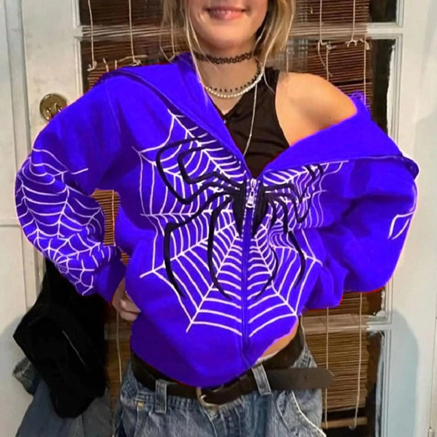 Zip Up Hoodie Women Spider Web Heart Print Graphic Sweatshirts Loose Casual Long Sleeve Hooded Jacket Top with Pocket