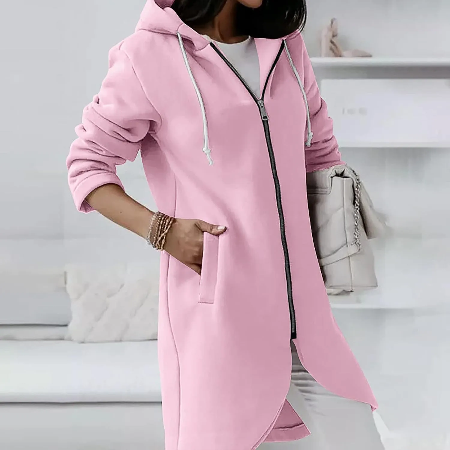 Zip Up Hoodie Women,2024 Trendy Irregular Hem Oversized Hoodies Long Tunic Sweatshirt Open Front Cardigan Jacket